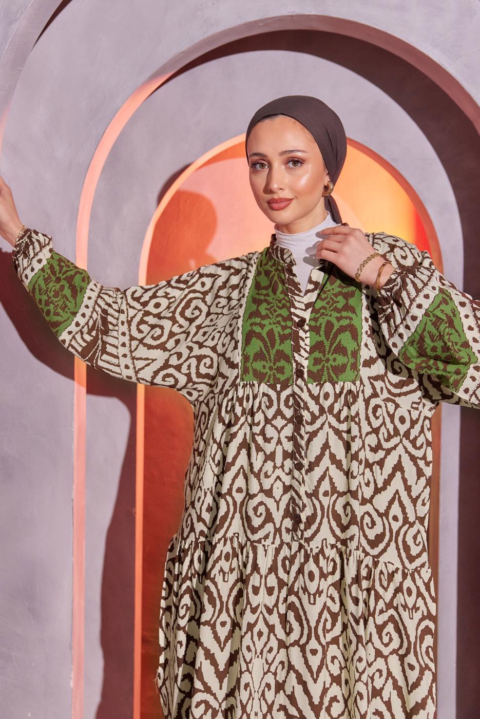 Tesettür giyim KAHVE ETNİK DESENLİ SALAŞ ELBİSE T 8904