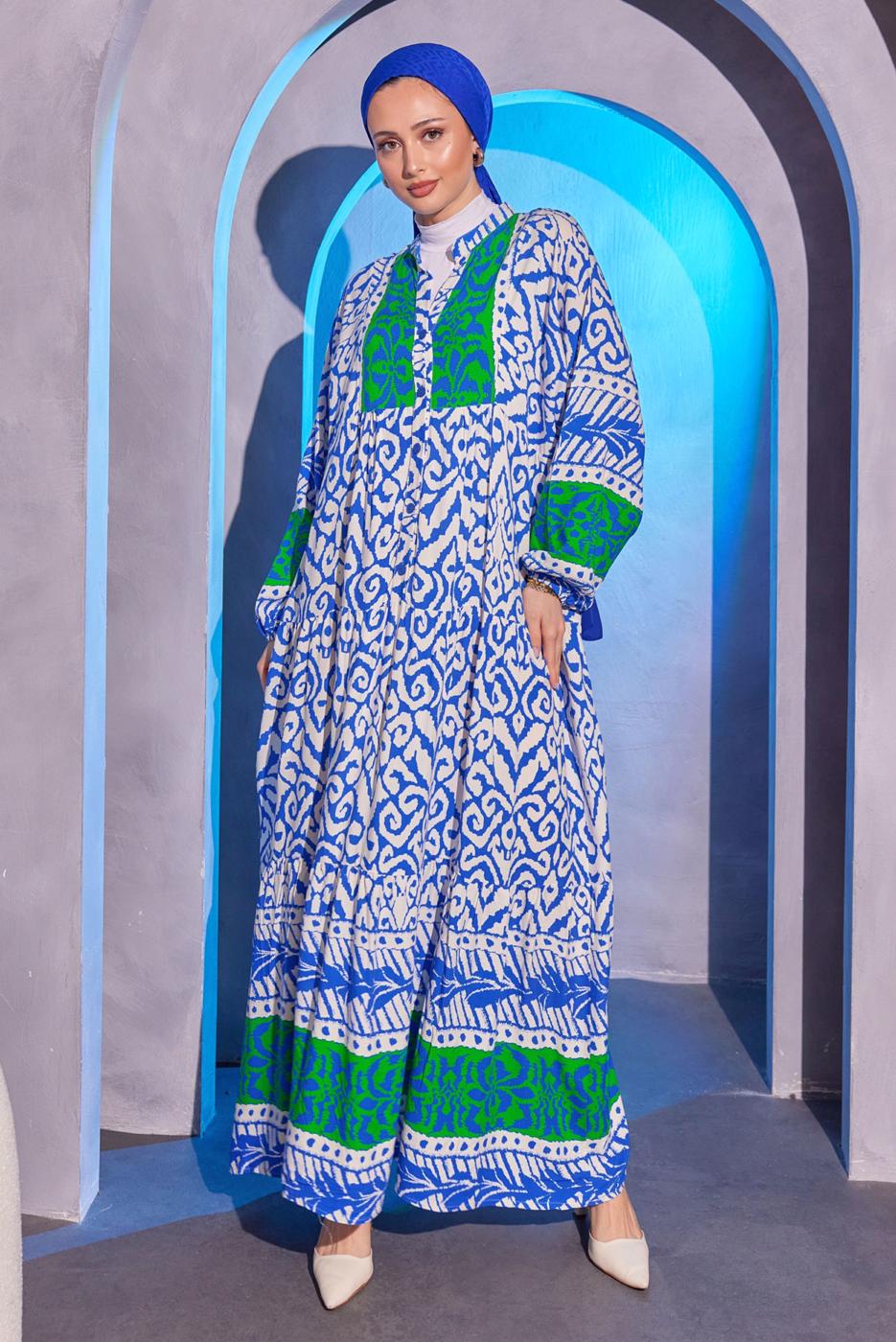 Tesettür giyim LACİVERT ETNİK DESENLİ SALAŞ ELBİSE T 8904