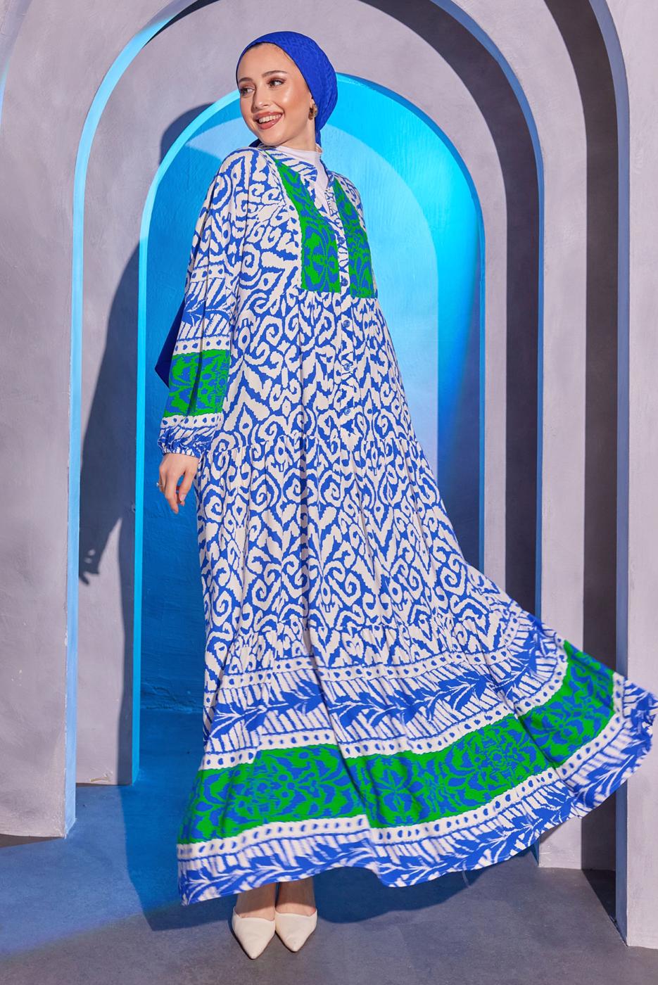 Tesettür giyim LACİVERT ETNİK DESENLİ SALAŞ ELBİSE T 8904