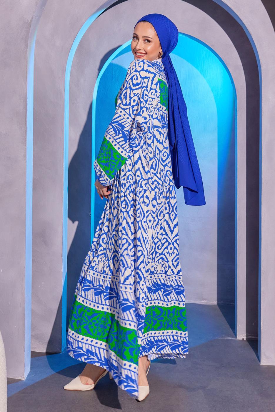 Tesettür giyim LACİVERT ETNİK DESENLİ SALAŞ ELBİSE T 8904
