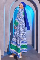 Tesettür giyim LACİVERT ETNİK DESENLİ SALAŞ ELBİSE T 8904