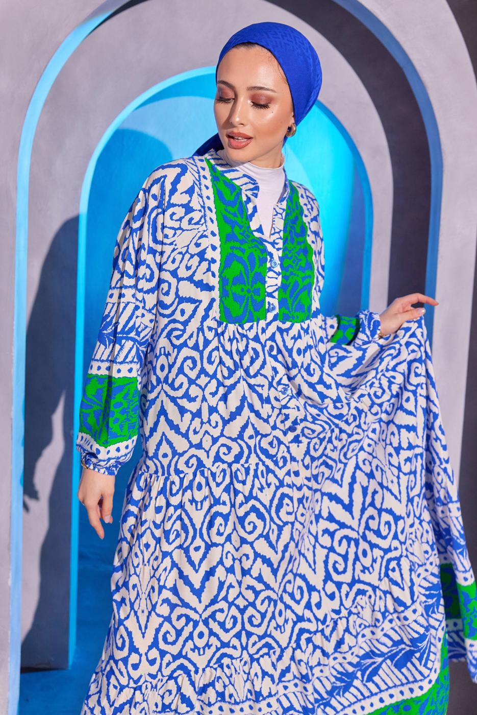 Tesettür giyim LACİVERT ETNİK DESENLİ SALAŞ ELBİSE T 8904