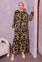 Tesettür giyim SİYAH KUŞAKLI DESENLİ ELBİSE T 0014