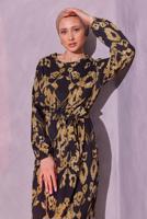 Tesettür giyim SİYAH KUŞAKLI DESENLİ ELBİSE T 0014