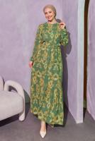 Tesettür giyim YEŞİL KUŞAKLI DESENLİ ELBİSE T 0014