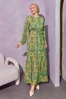 Tesettür giyim YEŞİL KUŞAKLI DESENLİ ELBİSE T 0014