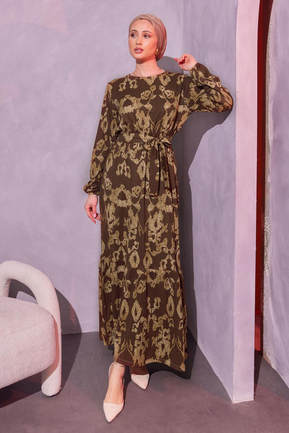 Tesettür giyim KAHVE KUŞAKLI DESENLİ ELBİSE T 0014