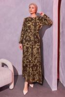 Tesettür giyim KAHVE KUŞAKLI DESENLİ ELBİSE T 0014
