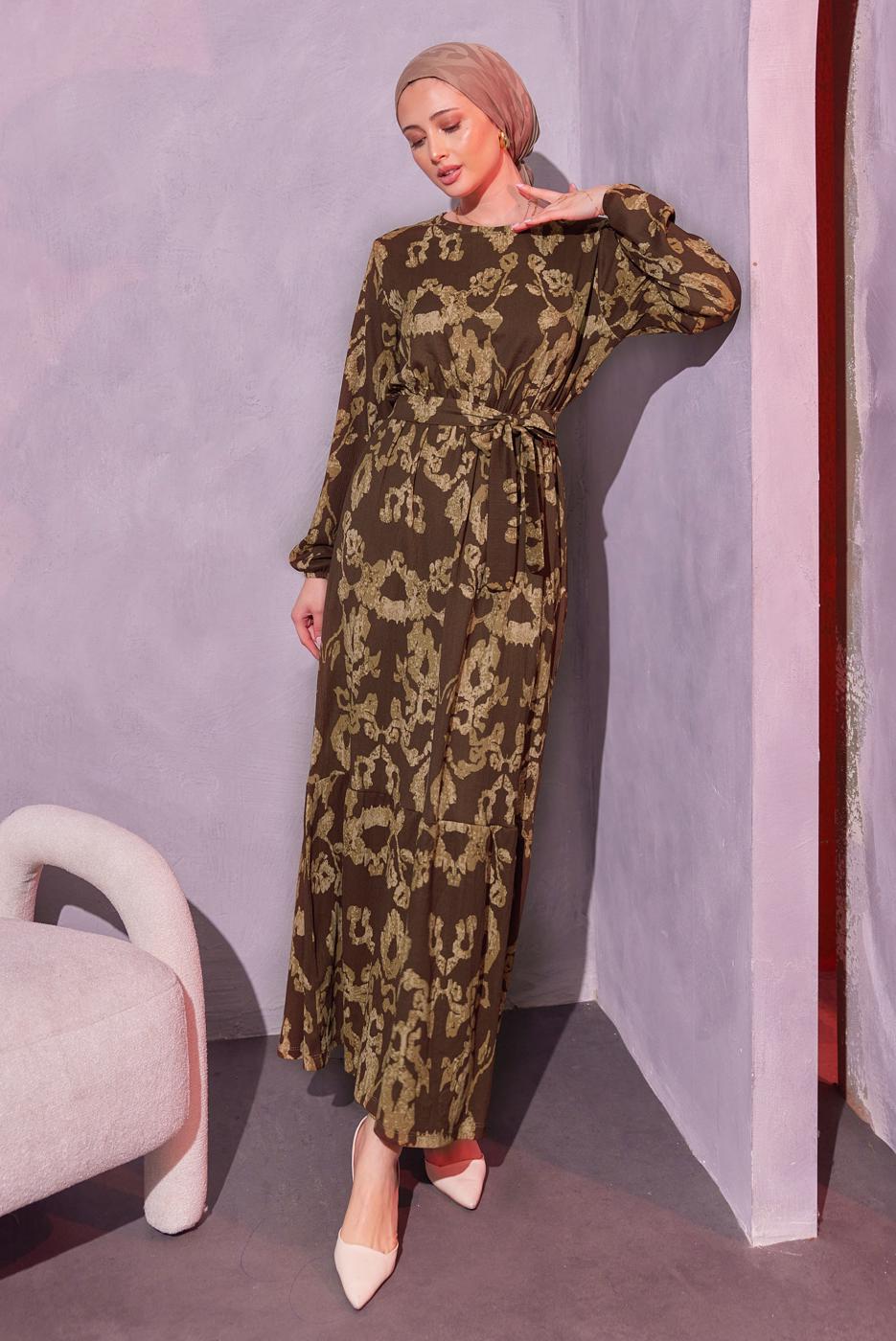 Tesettür giyim KAHVE KUŞAKLI DESENLİ ELBİSE T 0014