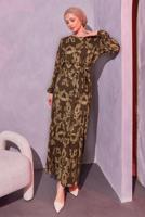 Tesettür giyim KAHVE KUŞAKLI DESENLİ ELBİSE T 0014