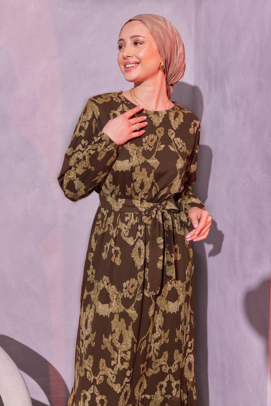 Tesettür giyim KAHVE KUŞAKLI DESENLİ ELBİSE T 0014