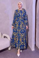Tesettür giyim LACİVERT KUŞAKLI DESENLİ ELBİSE T 0014