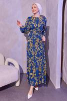 Tesettür giyim LACİVERT KUŞAKLI DESENLİ ELBİSE T 0014