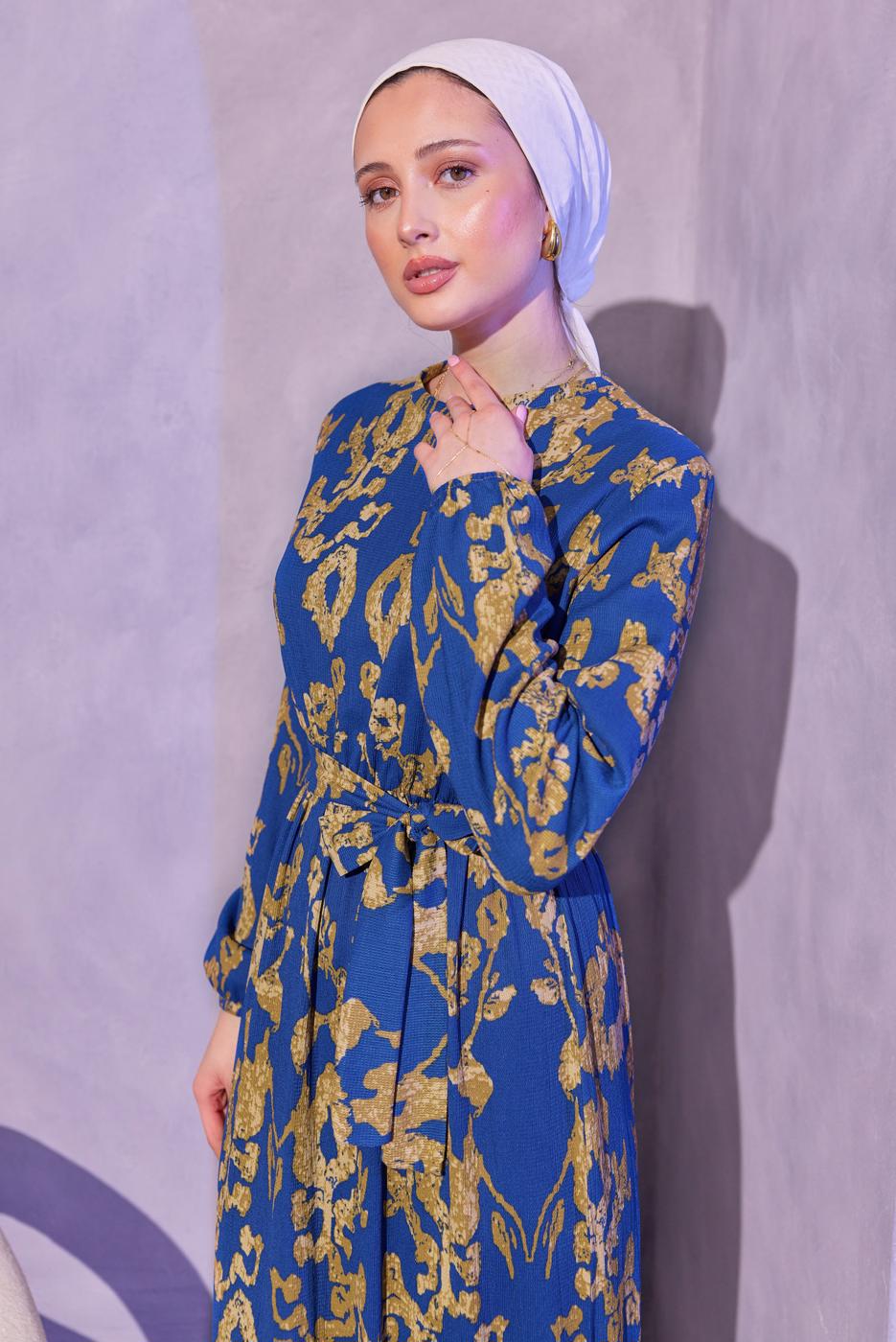 Tesettür giyim LACİVERT KUŞAKLI DESENLİ ELBİSE T 0014