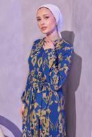 Tesettür giyim LACİVERT KUŞAKLI DESENLİ ELBİSE T 0014