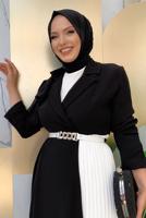 Tesettür giyim SİYAH KEMERLİ İKİ RENKLİ ELBİSE T 0583