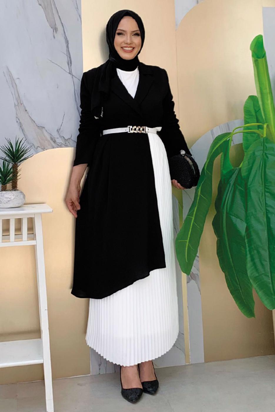 Tesettür giyim SİYAH KEMERLİ İKİ RENKLİ ELBİSE T 0583