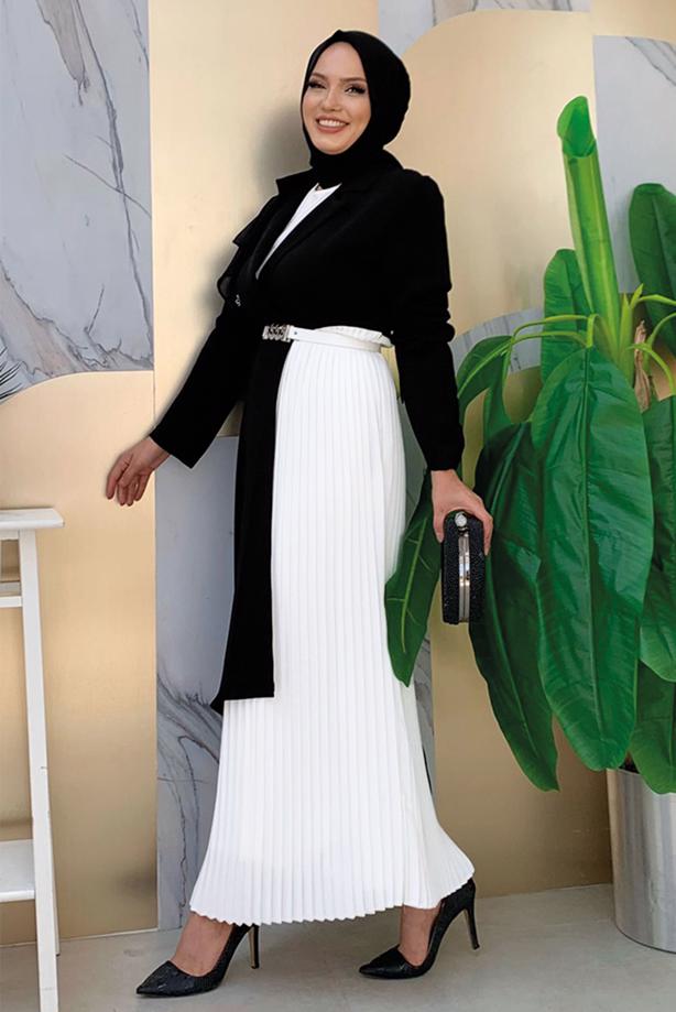 Tesettür giyim SİYAH KEMERLİ İKİ RENKLİ ELBİSE T 0583 - TRENDTESETTÜR