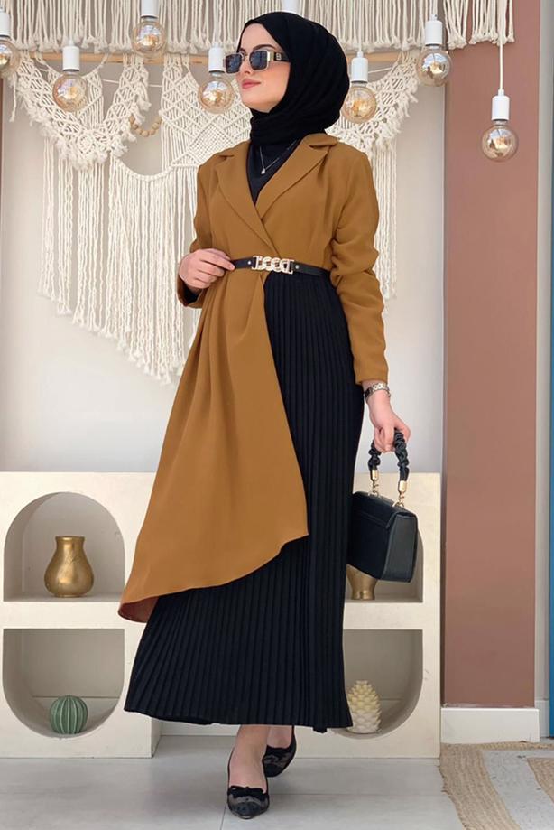 Tesettür giyim TABA KEMERLİ İKİ RENKLİ ELBİSE T 0583 - TRENDTESETTÜR