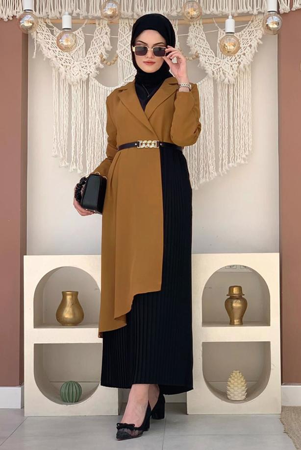 Tesettür giyim TABA KEMERLİ İKİ RENKLİ ELBİSE T 0583 - TRENDTESETTÜR