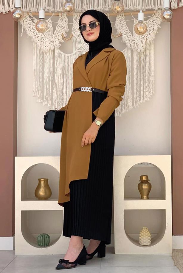 Tesettür giyim TABA KEMERLİ İKİ RENKLİ ELBİSE T 0583 - TRENDTESETTÜR