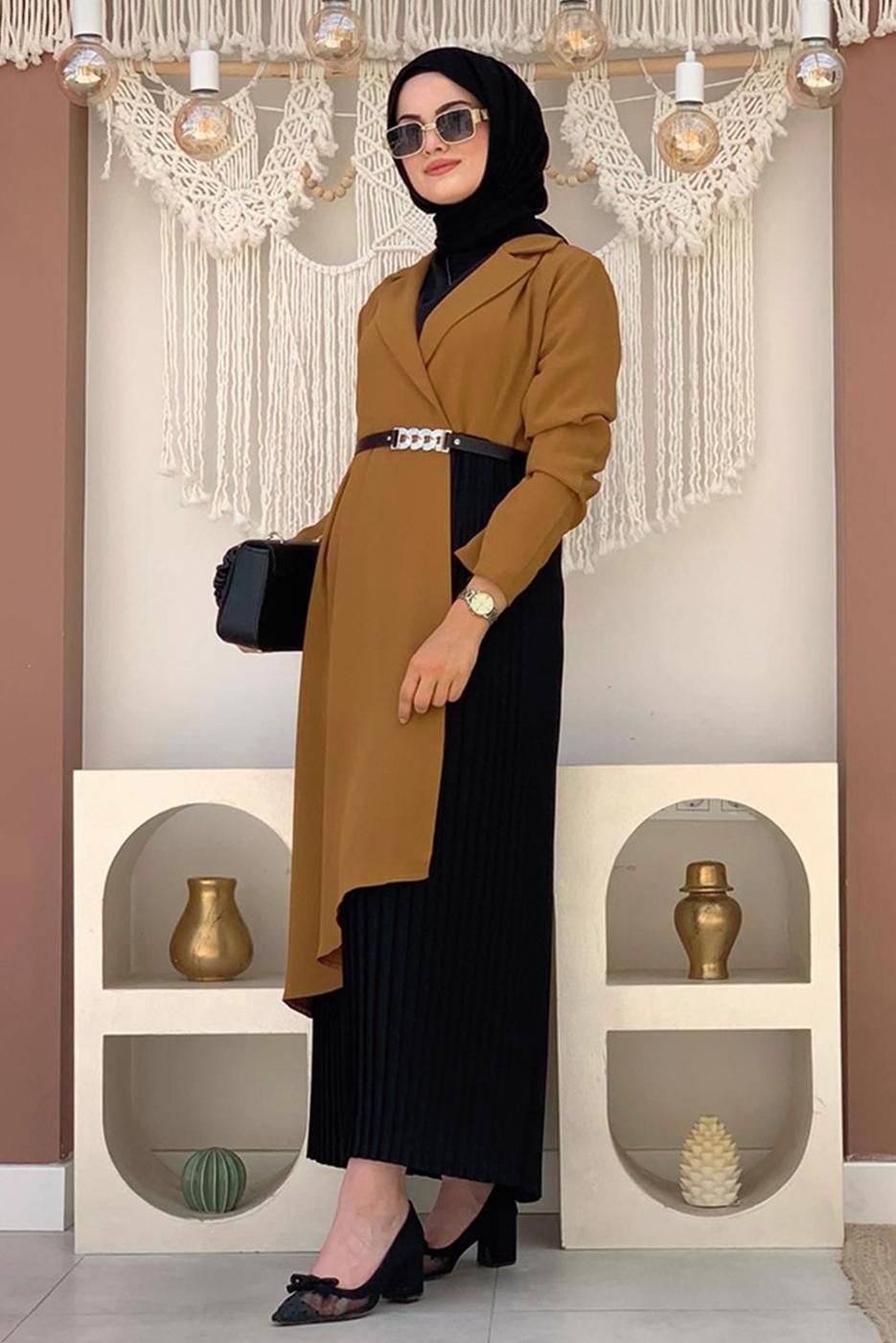 Tesettür giyim TABA KEMERLİ İKİ RENKLİ ELBİSE T 0583