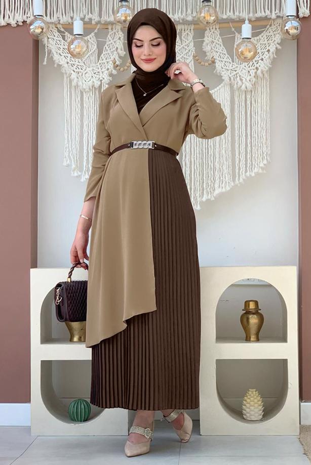 Tesettür giyim VİZON KEMERLİ İKİ RENKLİ ELBİSE T 0583 - TRENDTESETTÜR