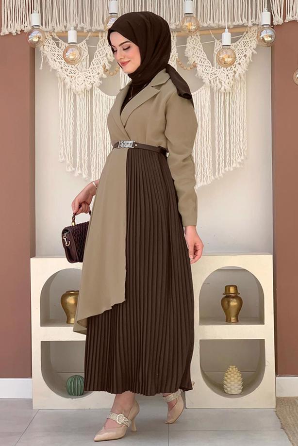 Tesettür giyim VİZON KEMERLİ İKİ RENKLİ ELBİSE T 0583 - TRENDTESETTÜR