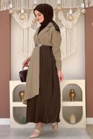 Tesettür giyim VİZON KEMERLİ İKİ RENKLİ ELBİSE T 0583