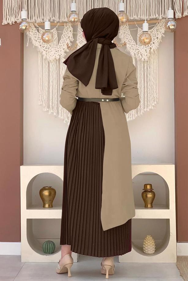 Tesettür giyim VİZON KEMERLİ İKİ RENKLİ ELBİSE T 0583 - TRENDTESETTÜR