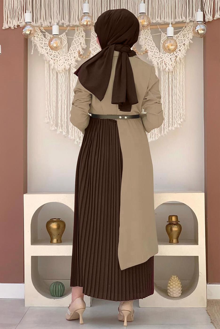 Tesettür giyim VİZON KEMERLİ İKİ RENKLİ ELBİSE T 0583