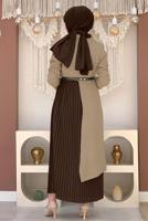 Tesettür giyim VİZON KEMERLİ İKİ RENKLİ ELBİSE T 0583