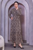 Tesettür giyim TABA KUŞAKLI LEOPAR DESENLİ ELBİSE T 0593