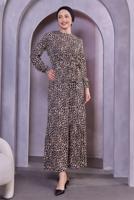 Tesettür giyim TABA KUŞAKLI LEOPAR DESENLİ ELBİSE T 0593