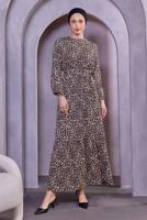 Tesettür giyim TABA KUŞAKLI LEOPAR DESENLİ ELBİSE T 0593