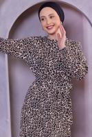 Tesettür giyim TABA KUŞAKLI LEOPAR DESENLİ ELBİSE T 0593