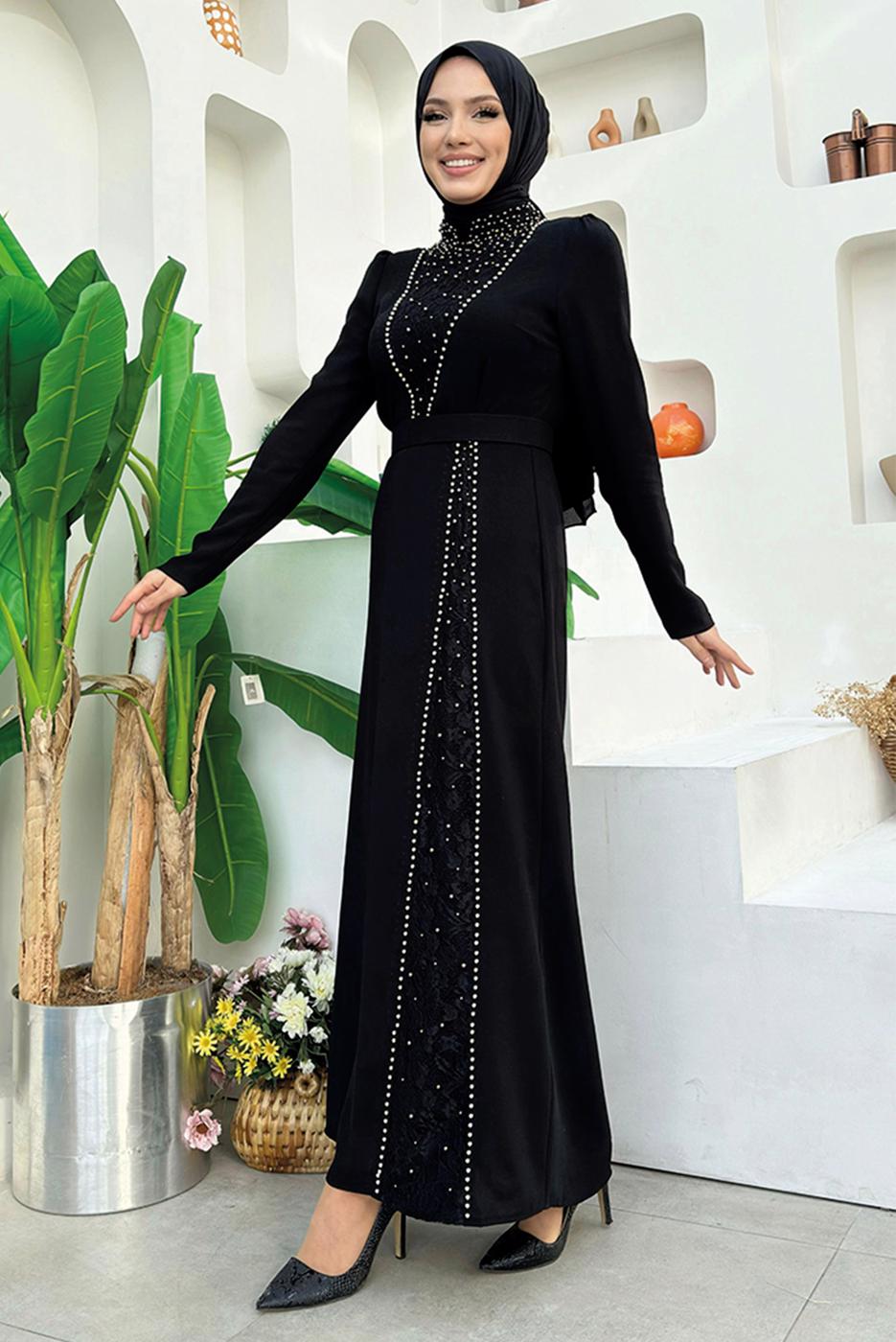 Tesettür giyim SİYAH TAŞ DETAYLI KEMERLİ ELBİSE T 0783