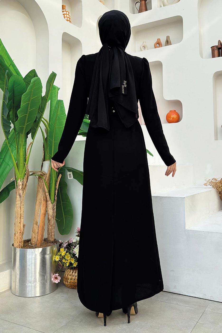 Tesettür giyim SİYAH TAŞ DETAYLI KEMERLİ ELBİSE T 0783