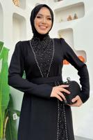 Tesettür giyim SİYAH TAŞ DETAYLI KEMERLİ ELBİSE T 0783