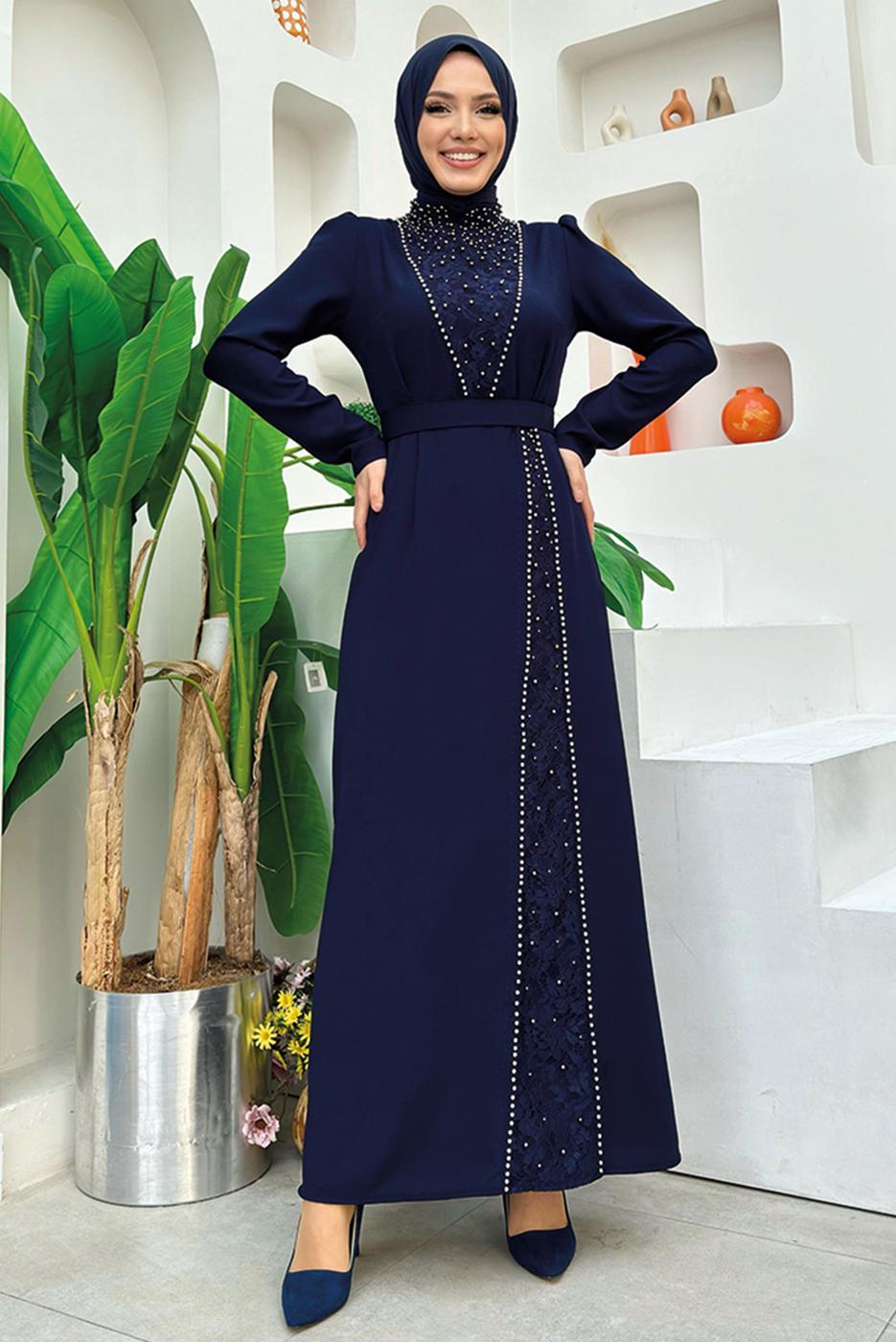 Tesettür giyim LACİVERT TAŞ DETAYLI KEMERLİ ELBİSE T 0783