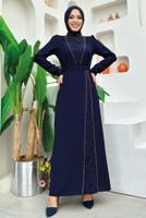Tesettür giyim LACİVERT TAŞ DETAYLI KEMERLİ ELBİSE T 0783