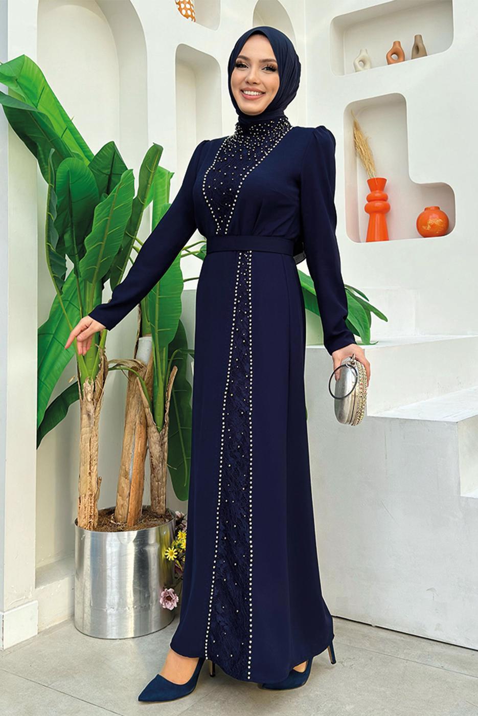 Tesettür giyim LACİVERT TAŞ DETAYLI KEMERLİ ELBİSE T 0783