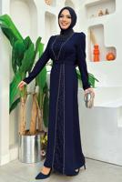 Tesettür giyim LACİVERT TAŞ DETAYLI KEMERLİ ELBİSE T 0783