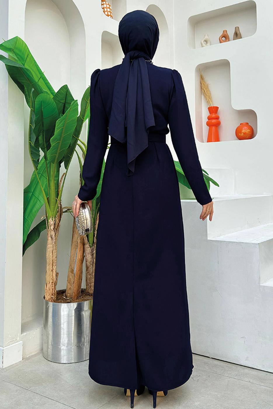 Tesettür giyim LACİVERT TAŞ DETAYLI KEMERLİ ELBİSE T 0783
