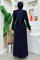 Tesettür giyim LACİVERT TAŞ DETAYLI KEMERLİ ELBİSE T 0783