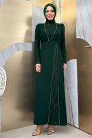 Tesettür giyim YEŞİL TAŞ DETAYLI KEMERLİ ELBİSE T 0783