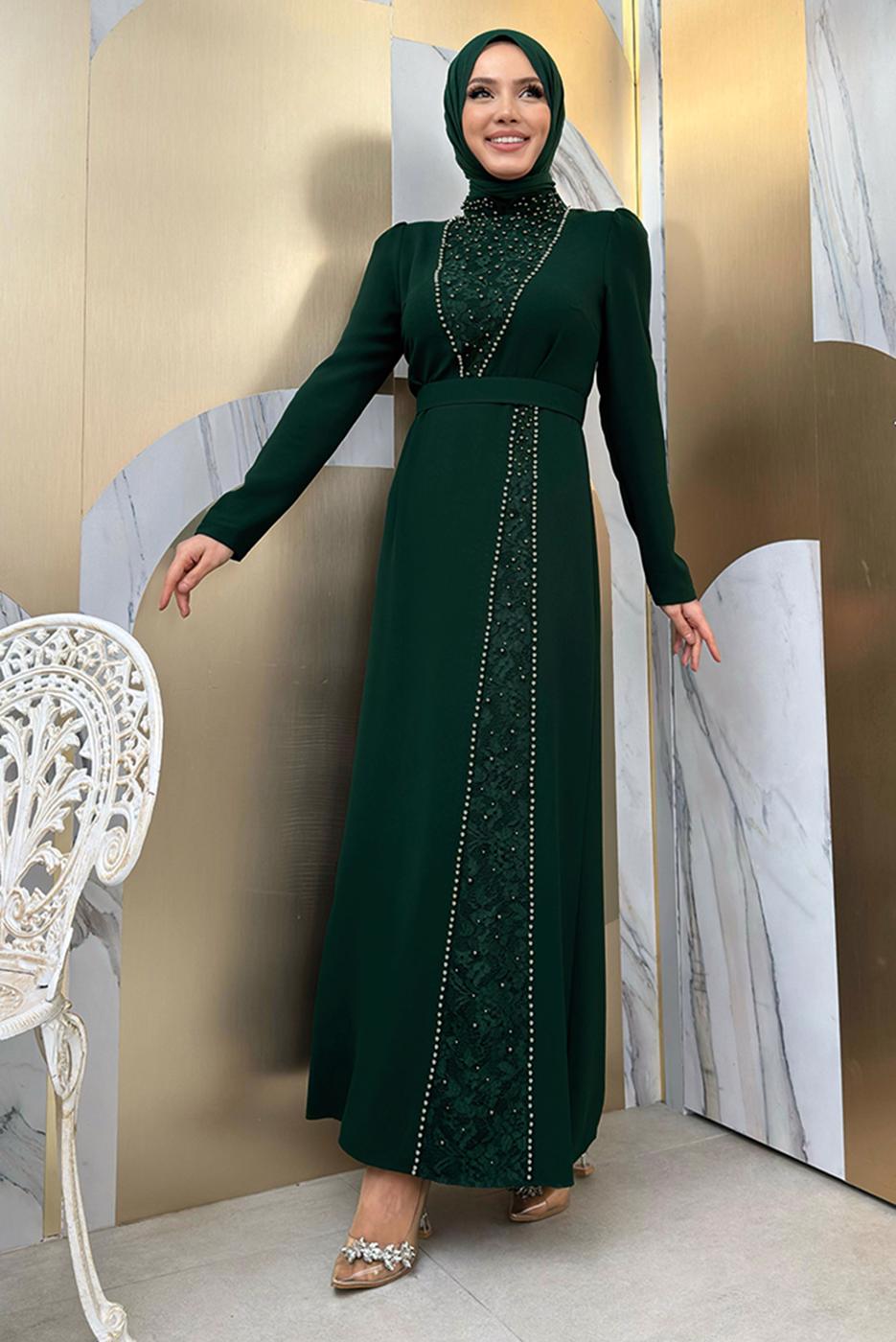 Tesettür giyim YEŞİL TAŞ DETAYLI KEMERLİ ELBİSE T 0783