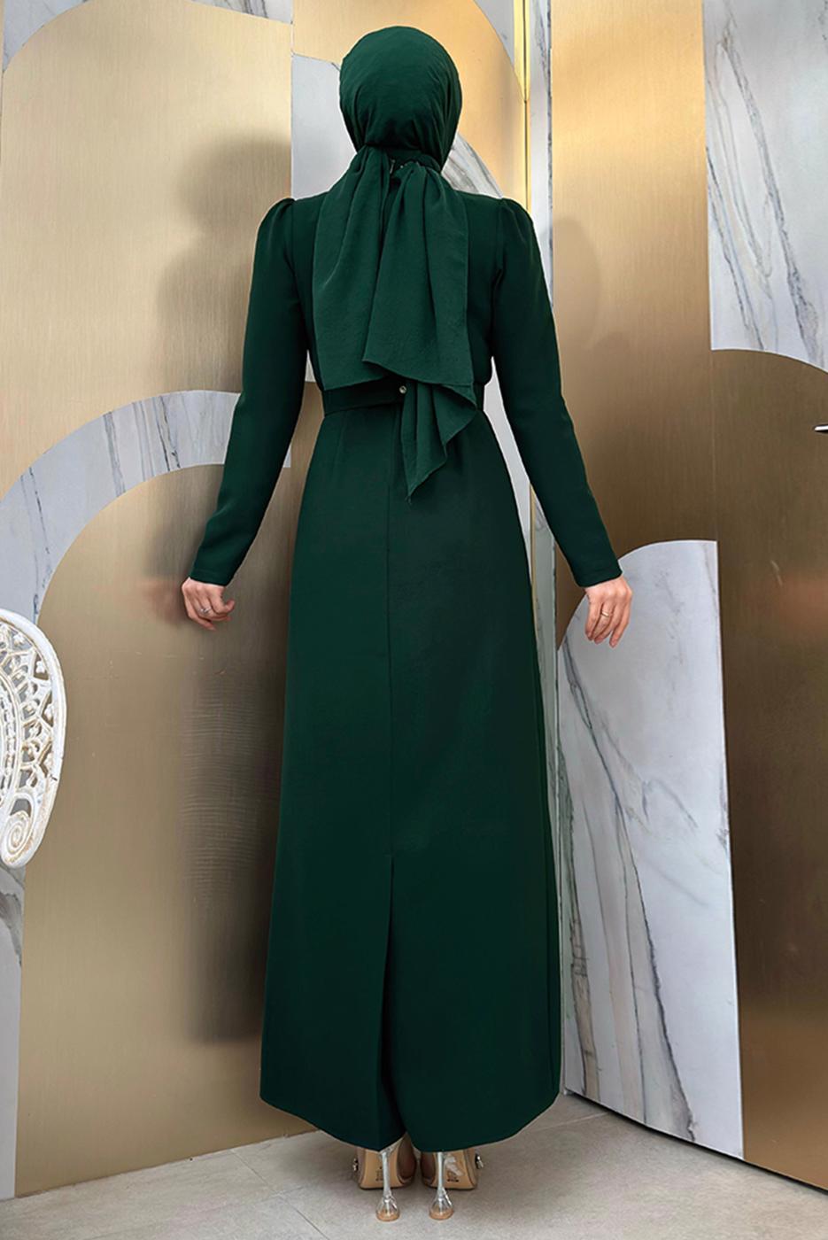 Tesettür giyim YEŞİL TAŞ DETAYLI KEMERLİ ELBİSE T 0783