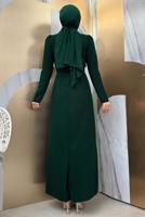 Tesettür giyim YEŞİL TAŞ DETAYLI KEMERLİ ELBİSE T 0783