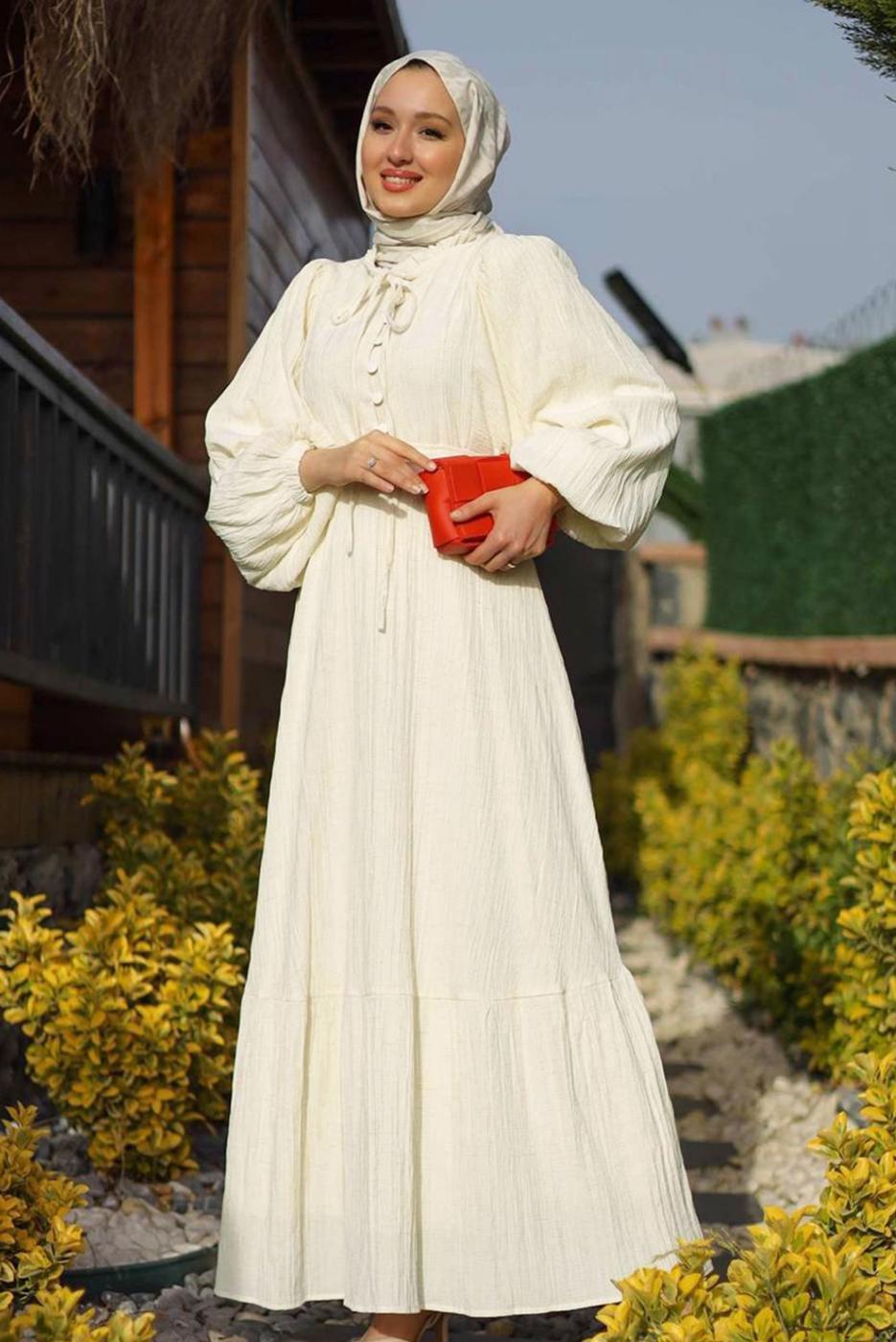 Tesettür giyim KREM BALON KOL BÜRÜMCÜK ELBİSE T 0802